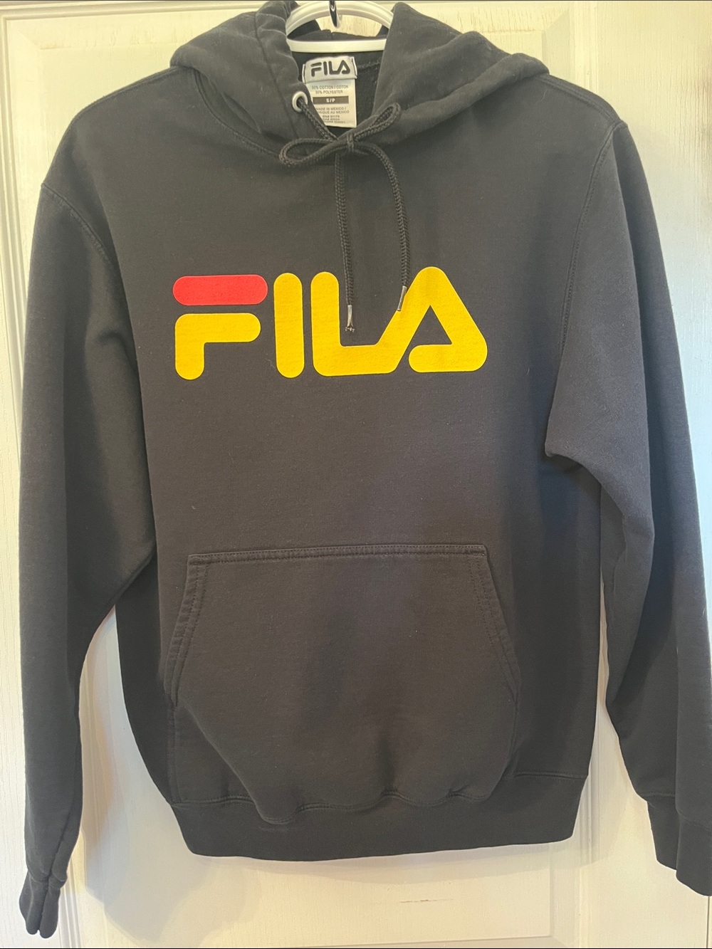 FILA Men’s Black Vintage Hoodie with Yellow & Red Logo Unisex
